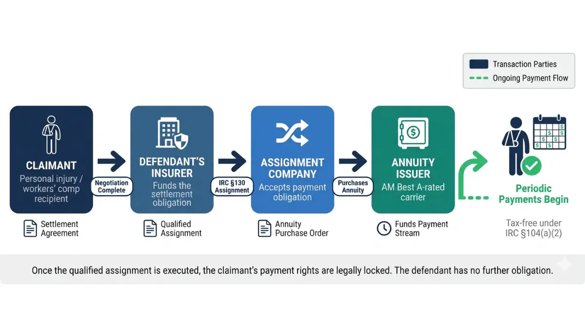 Structured Settlement five-party creation process flow diagram showing plaintiff, defendant insurer, assignment company, annuity issuer, and claimant receiving tax-free periodic payments