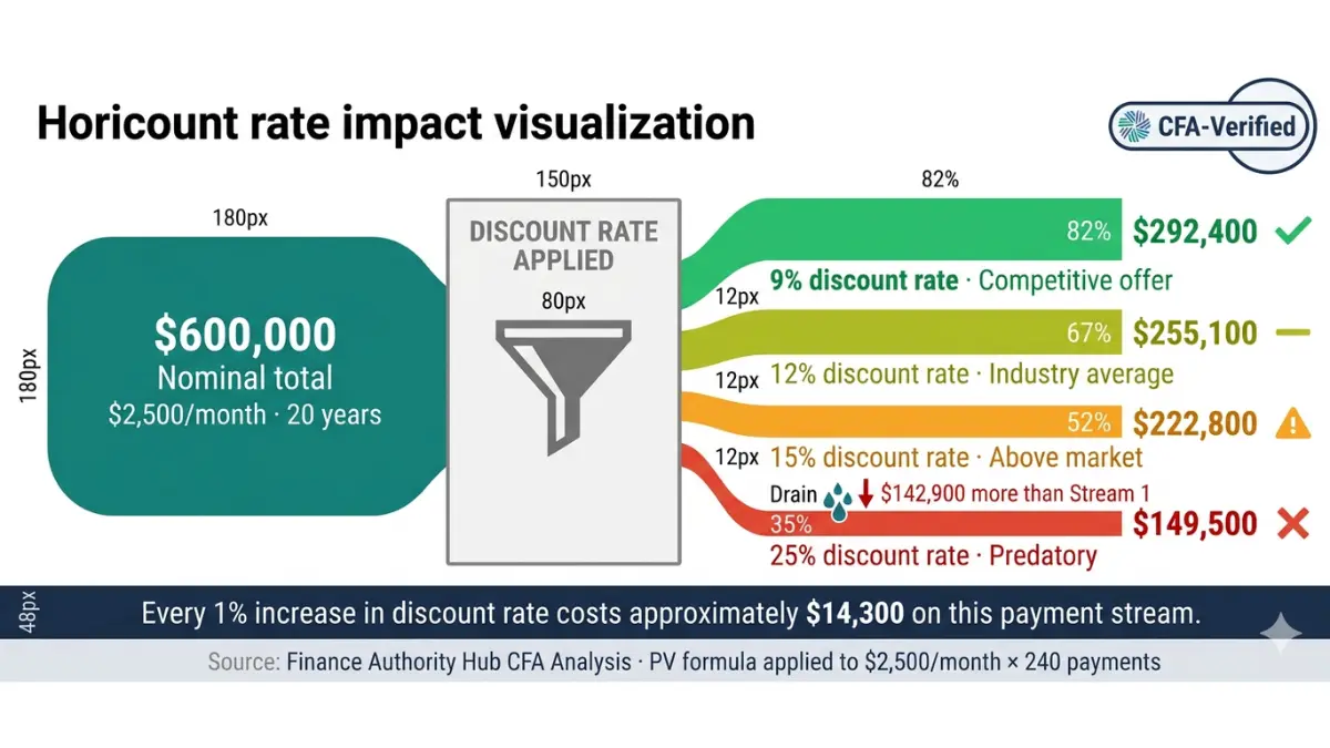 Structured Settlement discount rate cost impact diagram showing payment river narrowing from $292,400 at 9% competitive rate to $149,500 at 25% predatory rate with color-coded benchmarks