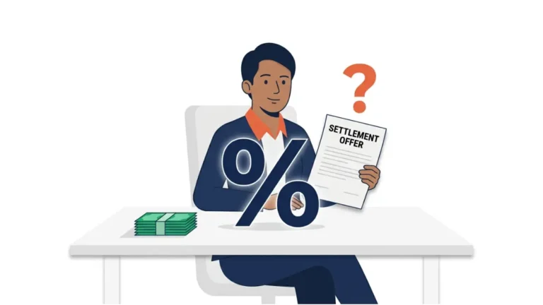 Vector illustration of a person reviewing a settlement offer document with a large percentage symbol representing the Structured Settlement Discount Rate
