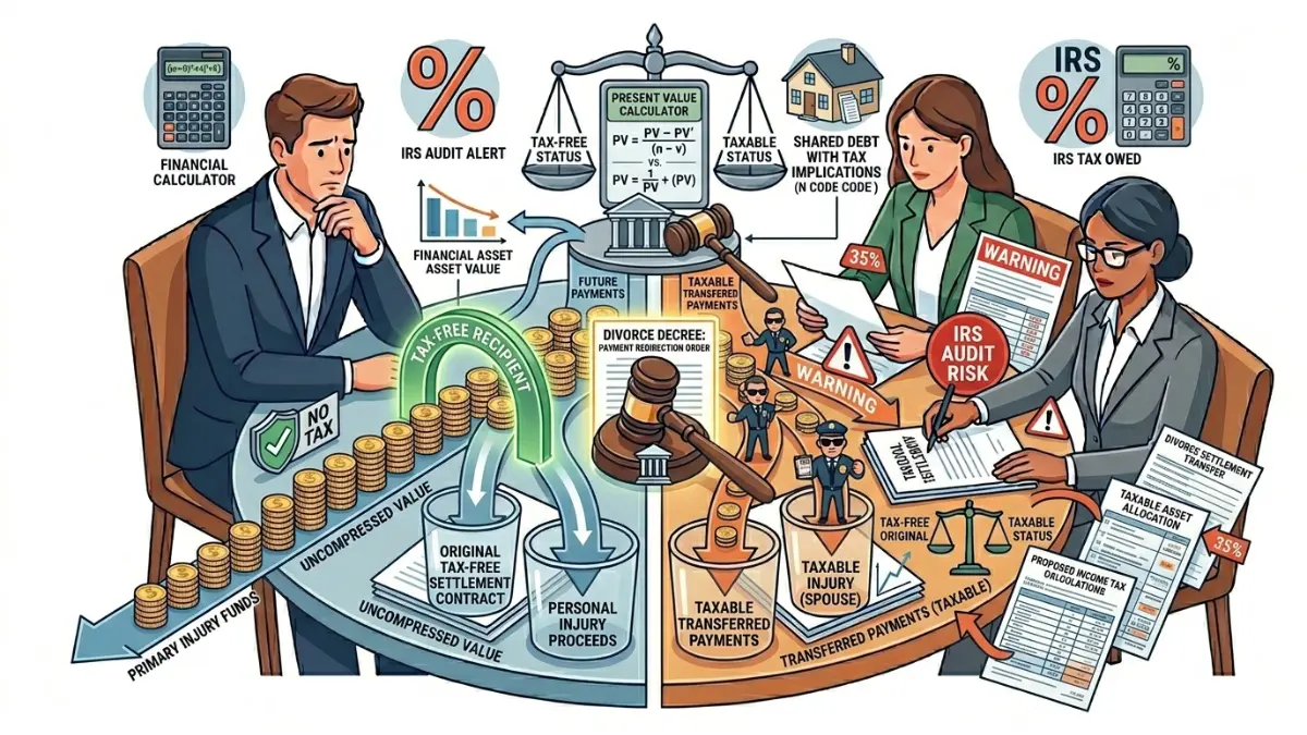 Structured Settlement in Divorce tax illustration showing IRS consequences when settlement payments are transferred during divorce