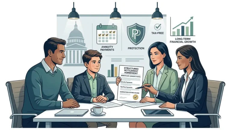 structured settlement for a minor being reviewed by a financial advisor, attorney, and family during a court-protected financial planning meeting