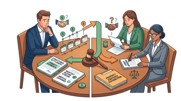 Structured Settlement in Divorce illustration showing divorce court asset division involving structured settlement payments and annuity income