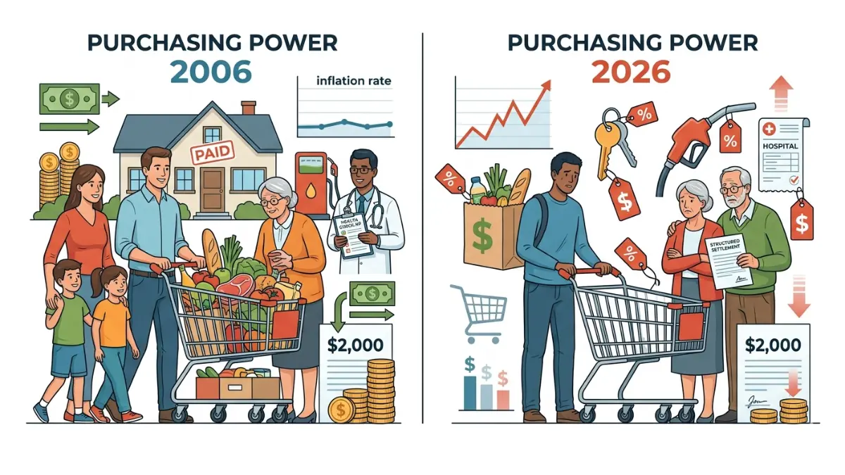 Inflation shrinking the real purchasing power of a $2000 structured settlement payment between 2006 and 2026