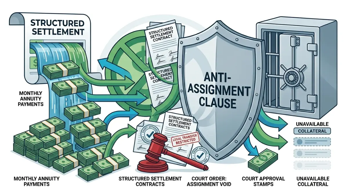 structured settlement loan legal barrier illustration showing anti-assignment clause blocking payment collateral transfer