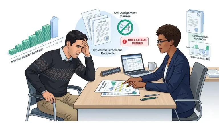 structured settlement loan illustration showing a bank rejecting structured settlement payments as loan collateral during a financial consultation