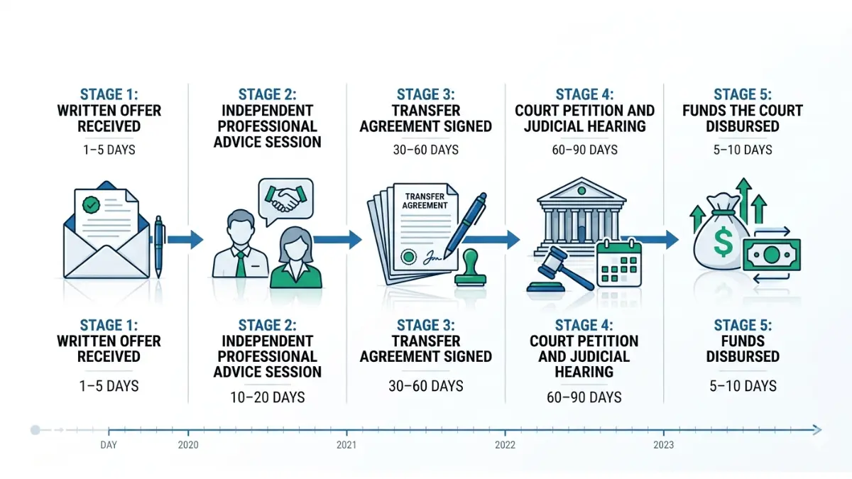 structured settlement loan factoring timeline infographic showing court approval and payment transfer stages