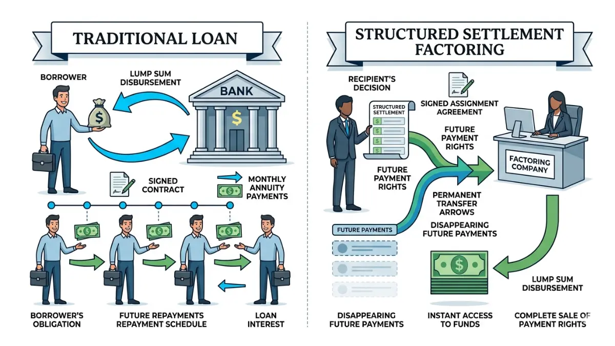 structured settlement loan vs factoring vector infographic comparing temporary borrowing with permanent payment rights transfer