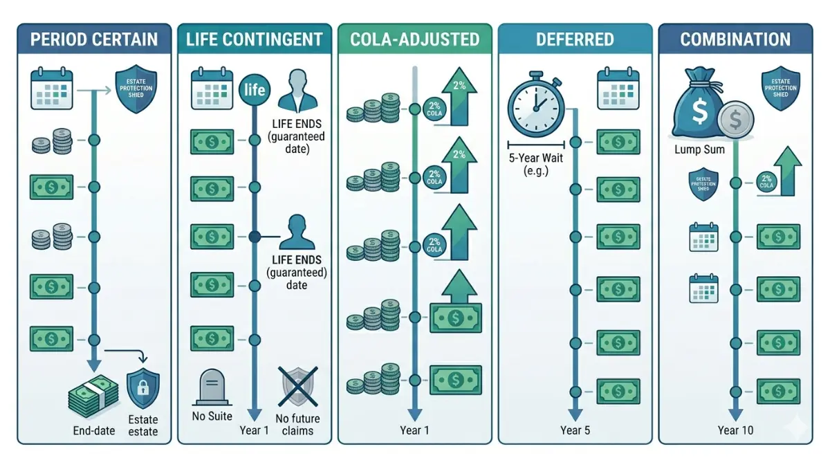 structured settlement payment schedule comparison showing period certain life contingent COLA and deferred payout structures
