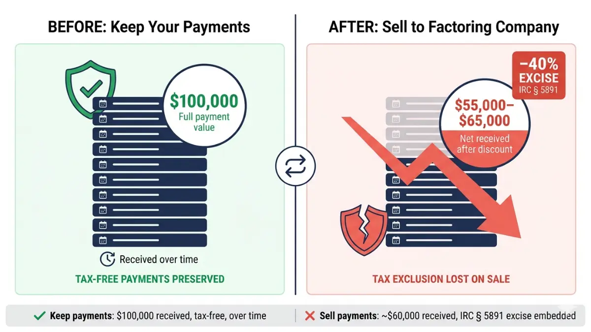 Vector split-panel warning illustration comparing structured settlement payments taxable consequences of keeping payments versus selling to a factoring company, showing left panel with full dollar100000 tax-free payment stack preserved under IRC 104 and right panel with reduced dollar55000 to dollar65000 net payout after the 40 percent IRC Section 5891 excise tax is embedded in the factoring discount rate, white background