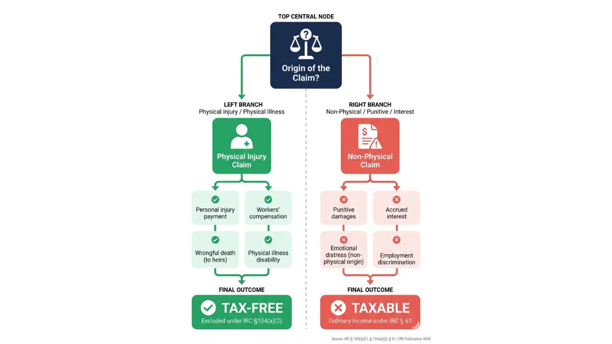 Vector decision tree illustration showing the IRS physical injury test that determines whether structured settlement payments taxable or tax-free, with green branch showing tax-free payment types including personal injury, workers compensation, and wrongful death under IRC 104, and red branch showing fully taxable types including punitive damages, accrued interest, and employment discrimination under IRC 61, white background