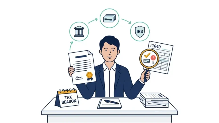 Vector illustration of a professional reviewing structured settlement payments taxable rules under IRS law, holding a legal settlement document and magnifying glass pointed at a Form 1040 tax form, with a circular flow of courthouse, payment, and IRS icons on a white background