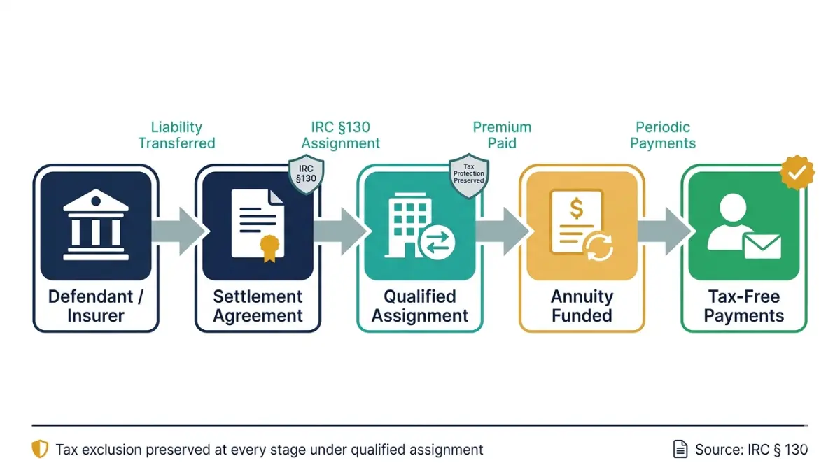 Flat vector flow diagram showing how structured settlement payments taxable status is preserved through a five-step qualified assignment process from defendant through insurer, qualified assignment company, annuity purchase, and tax-free periodic payments to the claimant under IRC Section 130 and IRC Section 104, white background