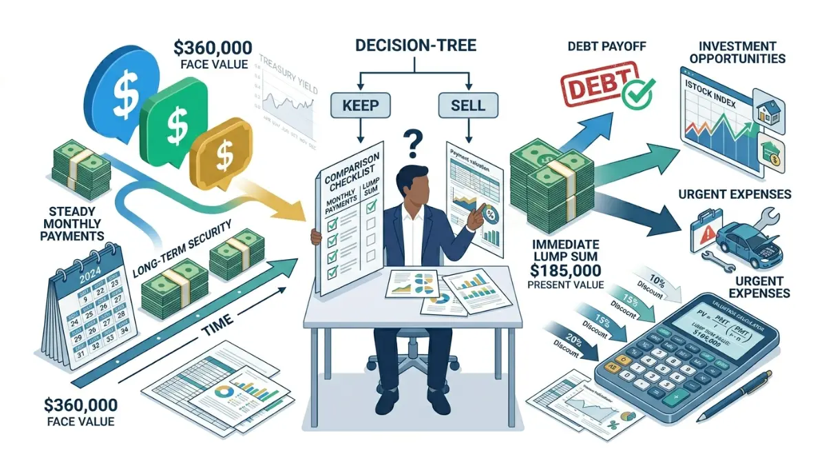 Structured Settlement Present Value buyout decision illustration comparing monthly payments versus lump sum cash offer