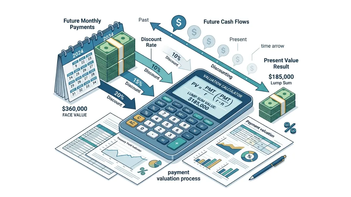 Structured Settlement Present Value formula illustration showing discount rate calculations and payment valuation process