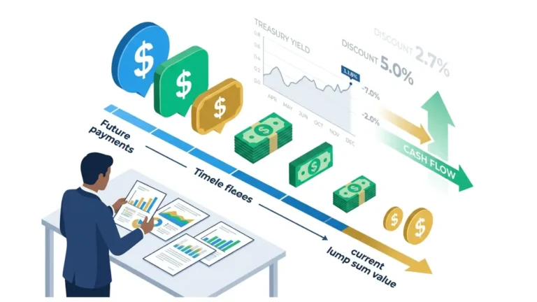 Structured Settlement Present Value illustration showing future payments discounted into a smaller lump sum payout over time