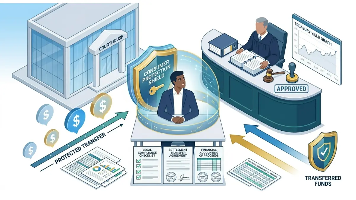 Structured Settlement Present Value legal protection illustration showing court approval and settlement transfer review process