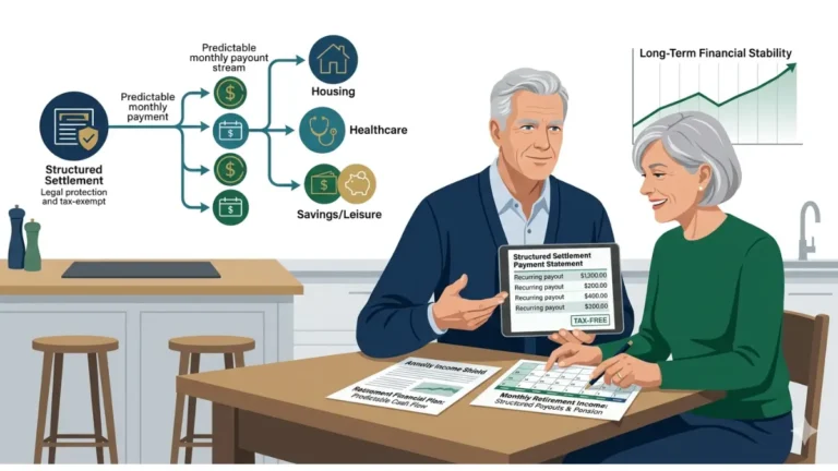 Retirement structured settlement income planning illustration showing tax-free monthly payments and retirement budgeting strategy
