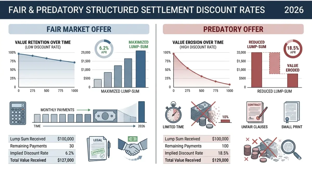 Structured Settlement Scam comparison illustration showing fair versus predatory discount rates and payout losses