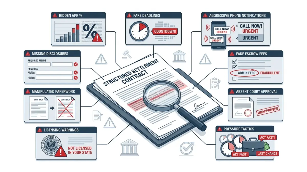Structured Settlement Scam red flags illustration showing hidden APRs, fake deadlines, and fraudulent buyout warning signs