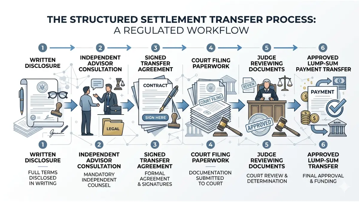 Structured Settlement Scam prevention illustration explaining the legitimate structured settlement transfer and court approval process