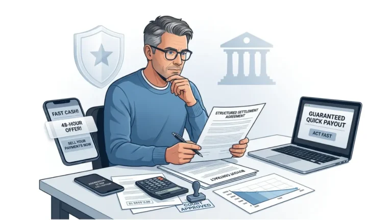 Structured Settlement Scam warning illustration showing aggressive buyout offers, legal paperwork, and financial pressure tactics in 2026