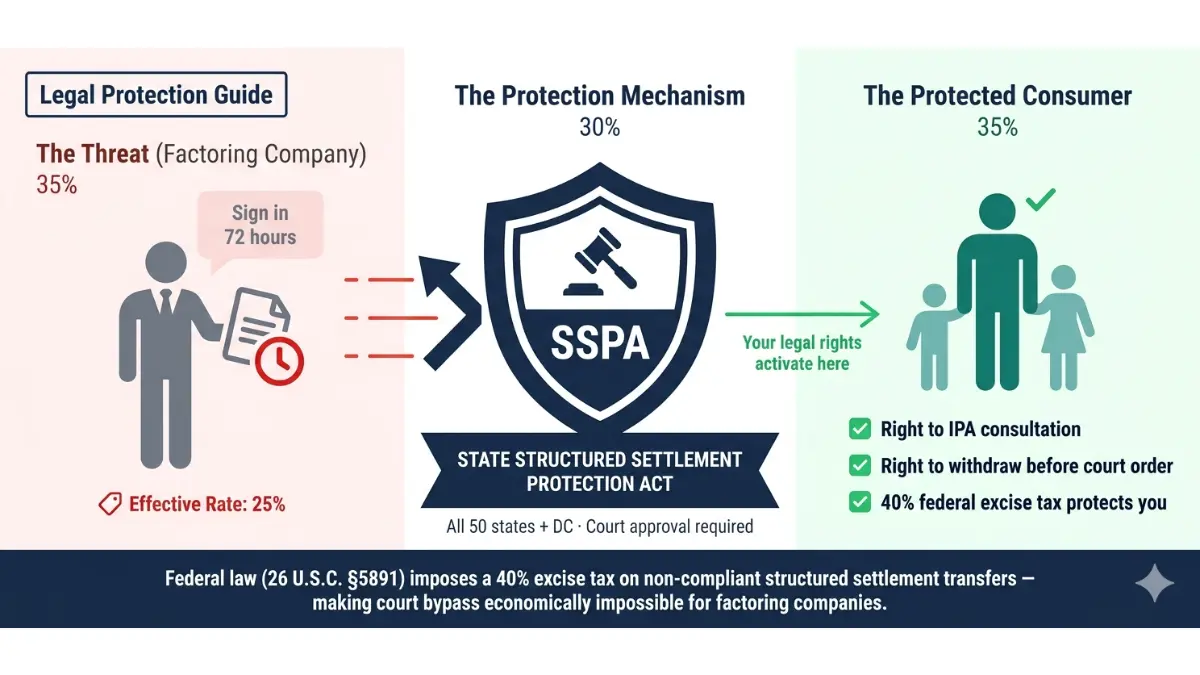 Structured Settlement Protection Act shield diagram showing consumer legal rights blocking factoring company pressure with SSPA court approval requirement and 26 USC 5891 excise tax protection