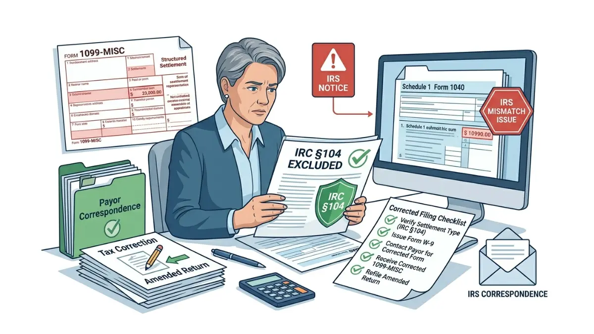 Structured settlement taxes illustration showing Form 1099-MISC reporting issue and corrected IRS tax filing process
