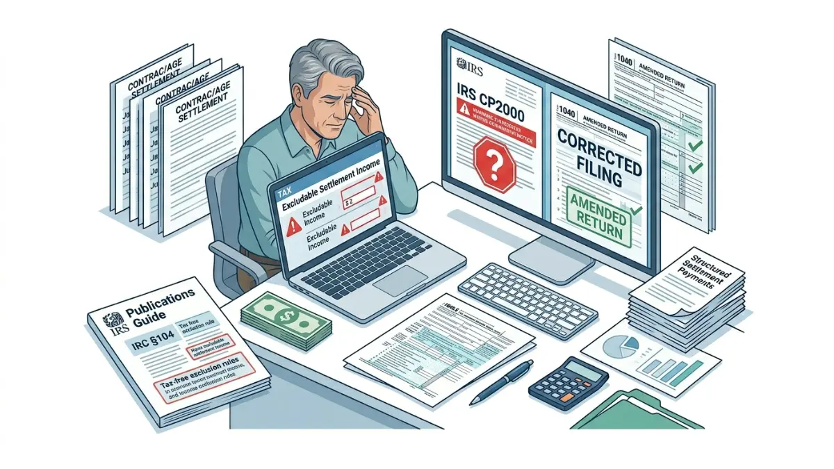 Structured settlement taxes illustration showing IRS filing mistakes, CP2000 notice, and Form 1040-X correction process