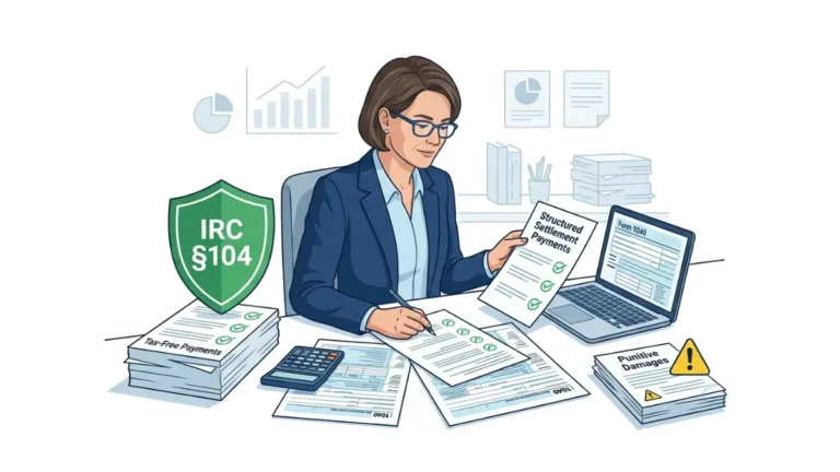 Structured settlement taxes illustration showing IRS Form 1040, settlement paperwork, and tax-free payment classification under IRC Section 104