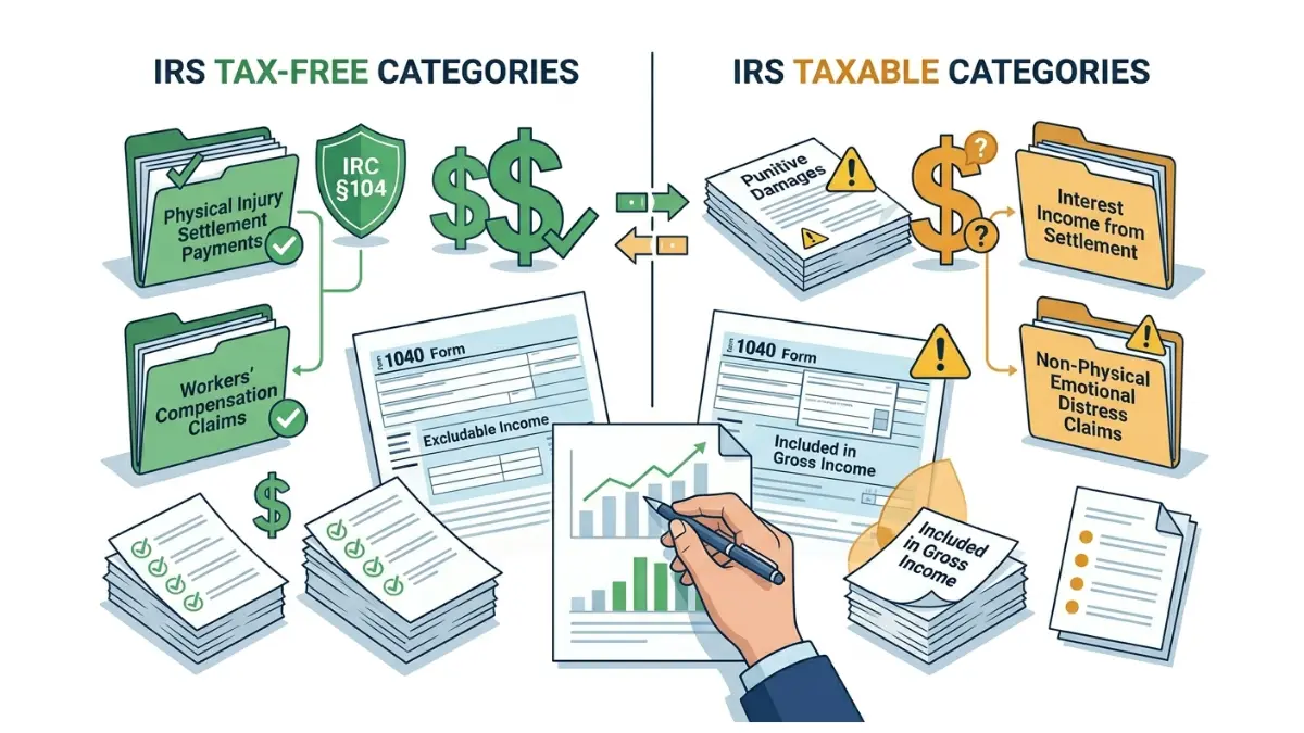 Structured settlement taxes comparison illustration showing taxable vs tax-free settlement income categories under IRS rules