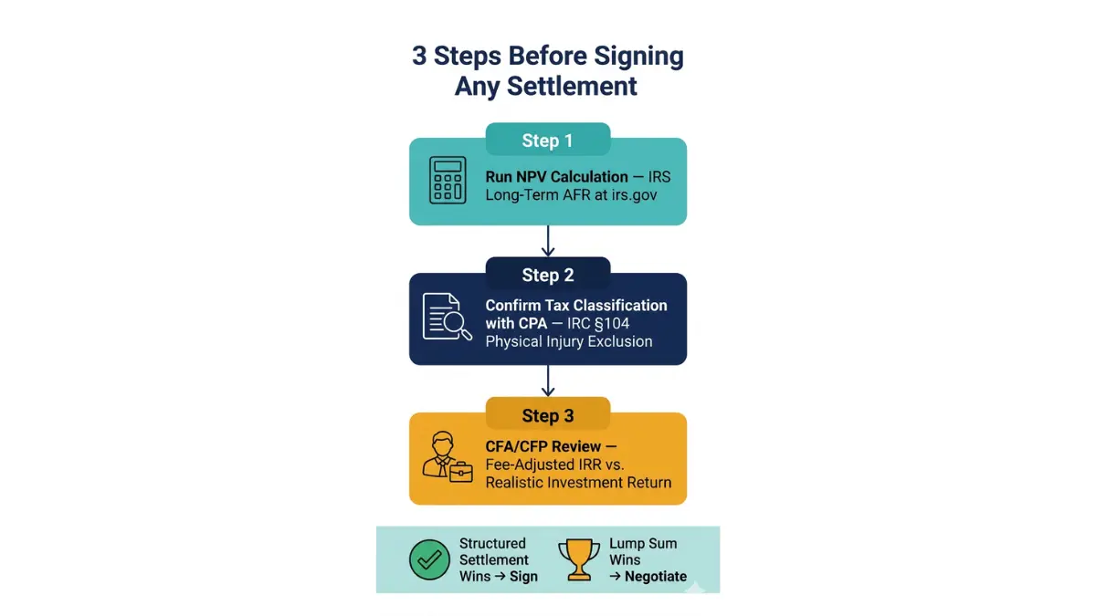 Structured Settlement vs Lump Sum - 3-step decision checklist showing NPV calculation, IRC Section 104 tax classification confirmation, and CFA or CFP fiduciary review before signing