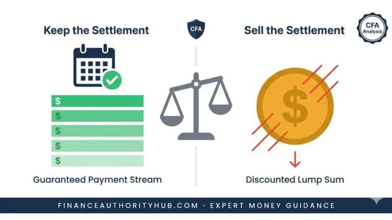 Structured Settlement vs lump sum decision scale showing guaranteed payment stream on left and discounted lump sum on right with CFA analysis badge