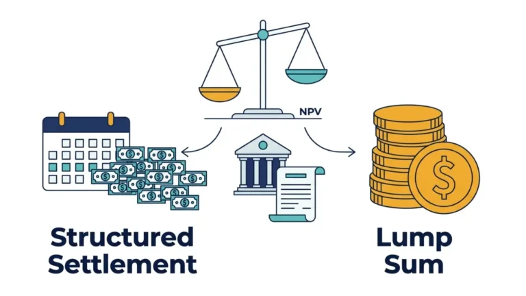 Structured Settlement vs Lump Sum - two financial paths showing periodic payments versus a one-time lump sum payout on a balance scale