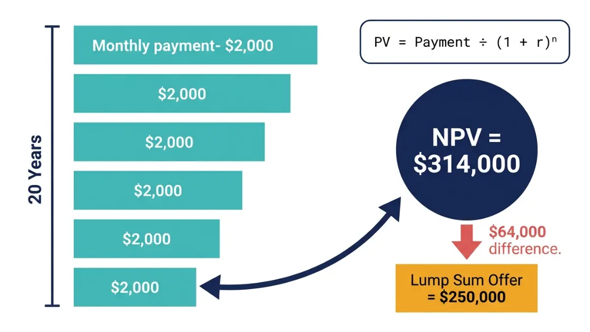 Structured Settlement vs Lump Sum - net present value NPV calculation showing $314,000 structured settlement value versus $250,000 lump sum offer with $64,000 difference