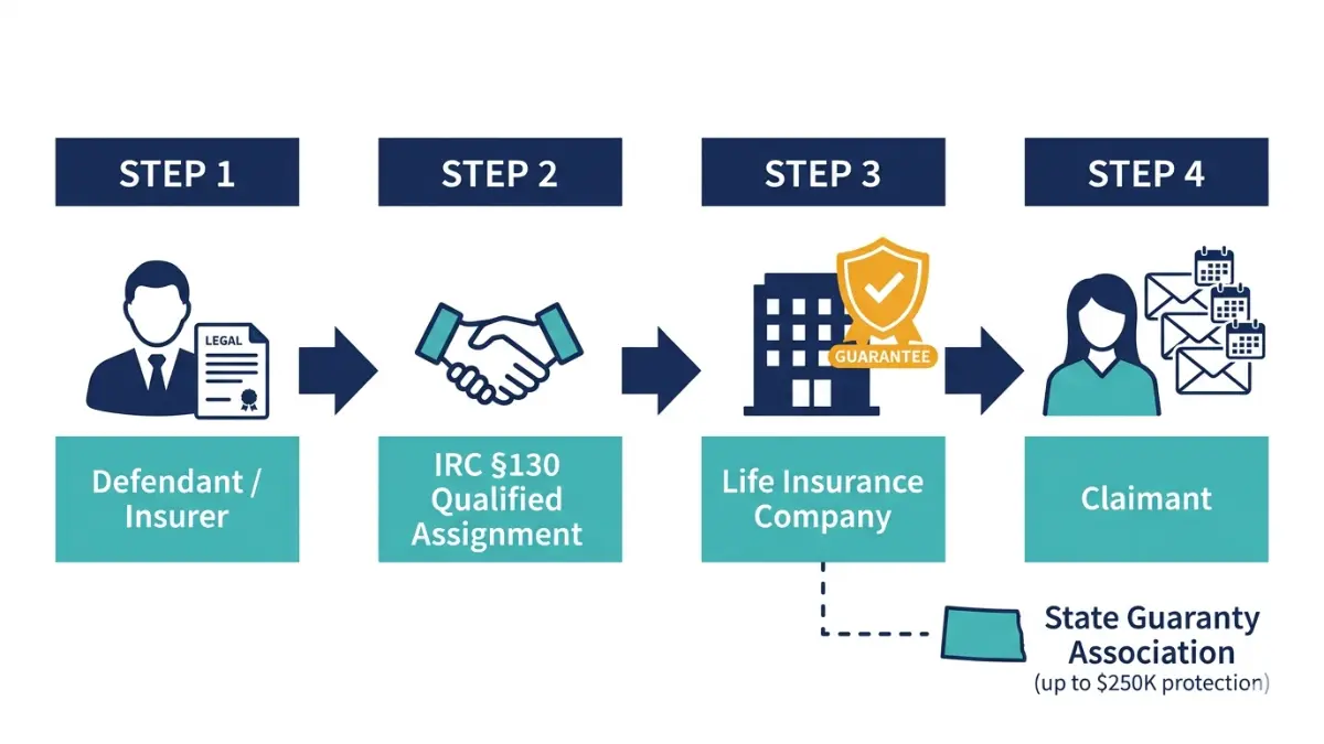 Structured Settlement vs Lump Sum - IRC Section 130 qualified assignment flowchart showing defendant insurer to life insurance company to claimant payment chain