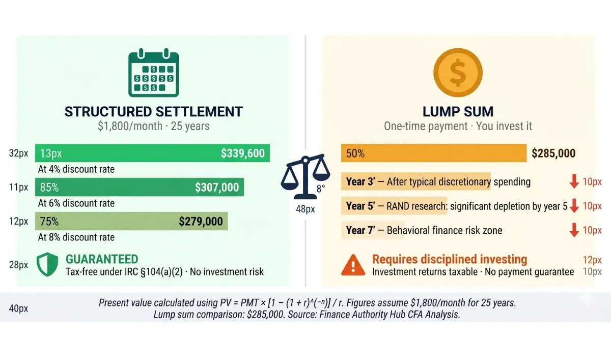 Structured Settlement present value comparison chart showing payment stream worth $339,600 at 4% discount rate versus $285,000 lump sum with behavioral finance depletion bars