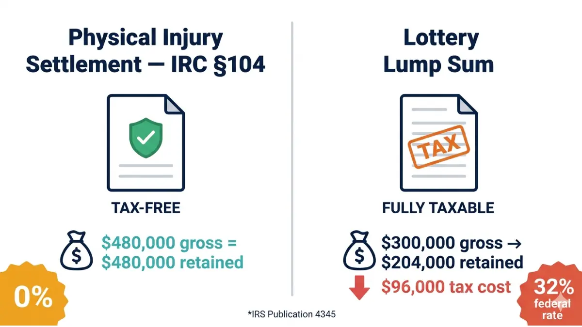 Structured Settlement vs Lump Sum - tax treatment comparison showing IRC Section 104 tax-free physical injury settlement retaining $480,000 versus taxable lottery lump sum netting only $204,000