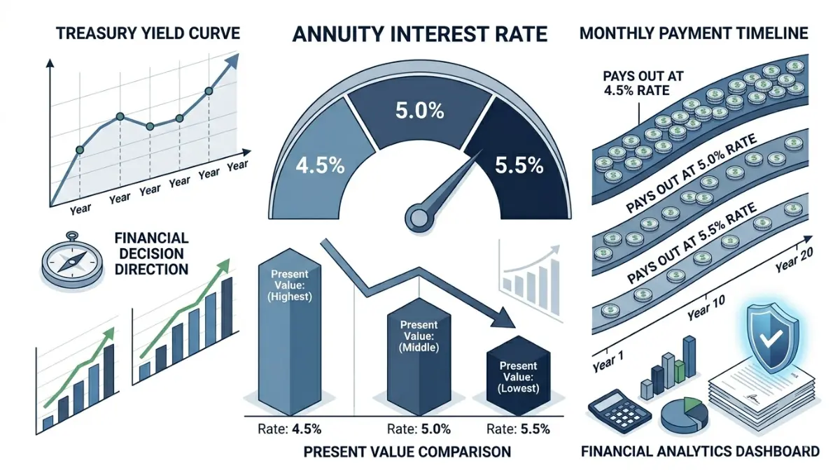 Workers Comp Structured Settlement annuity rates vector infographic showing present value changes from interest rate differences