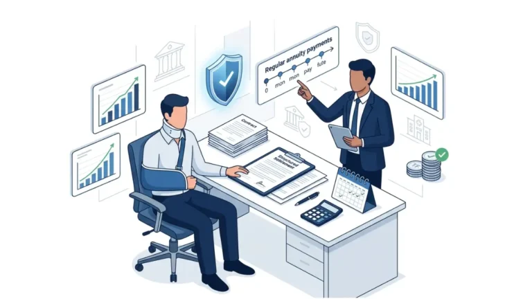 Workers Comp Structured Settlement financial planning vector illustration showing injured worker reviewing annuity settlement payments with financial advisor