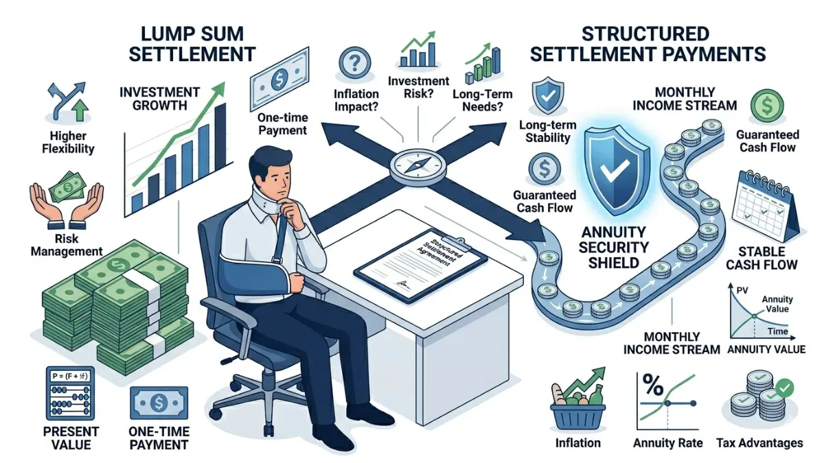 Workers Comp Structured Settlement lump sum vs structured payments vector illustration showing financial decision comparison