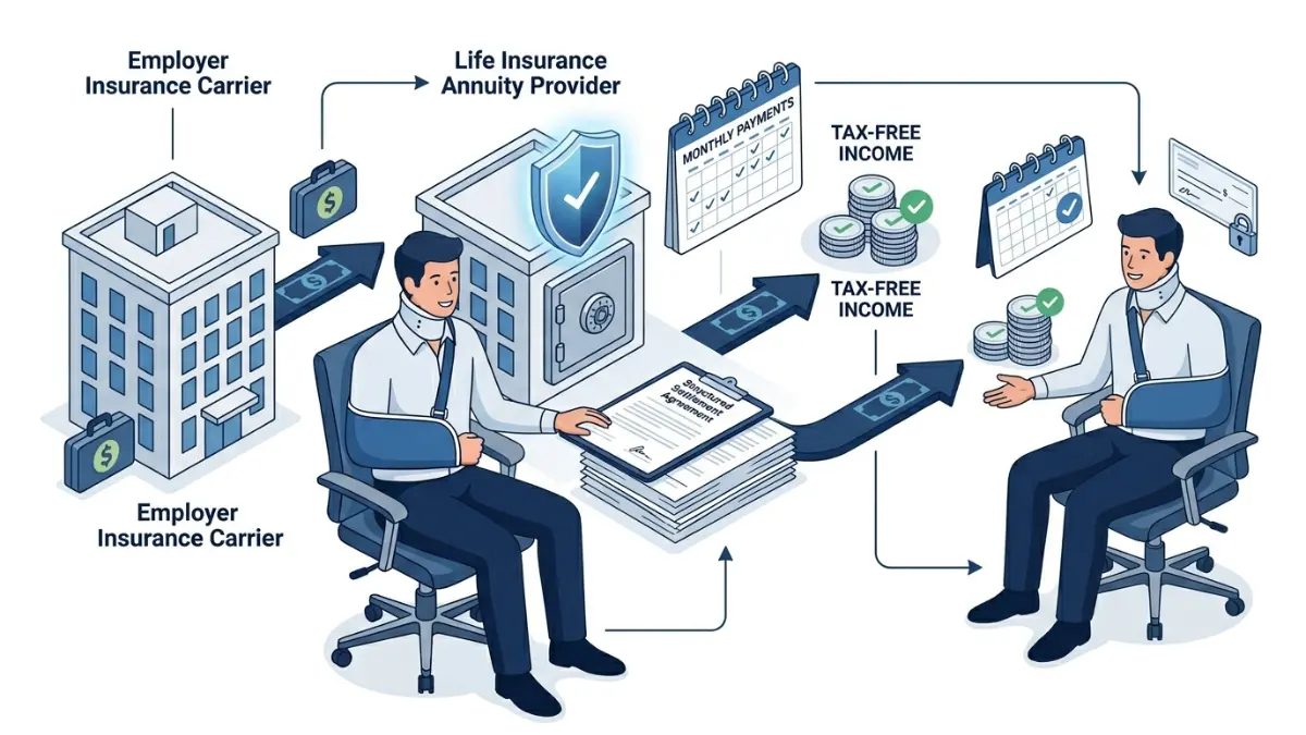 Workers Comp Structured Settlement payment flow vector infographic showing insurer annuity provider and injured worker receiving monthly payments