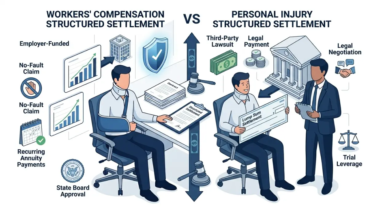Workers Comp Structured Settlement vs personal injury settlement comparison vector illustration with legal and financial differences