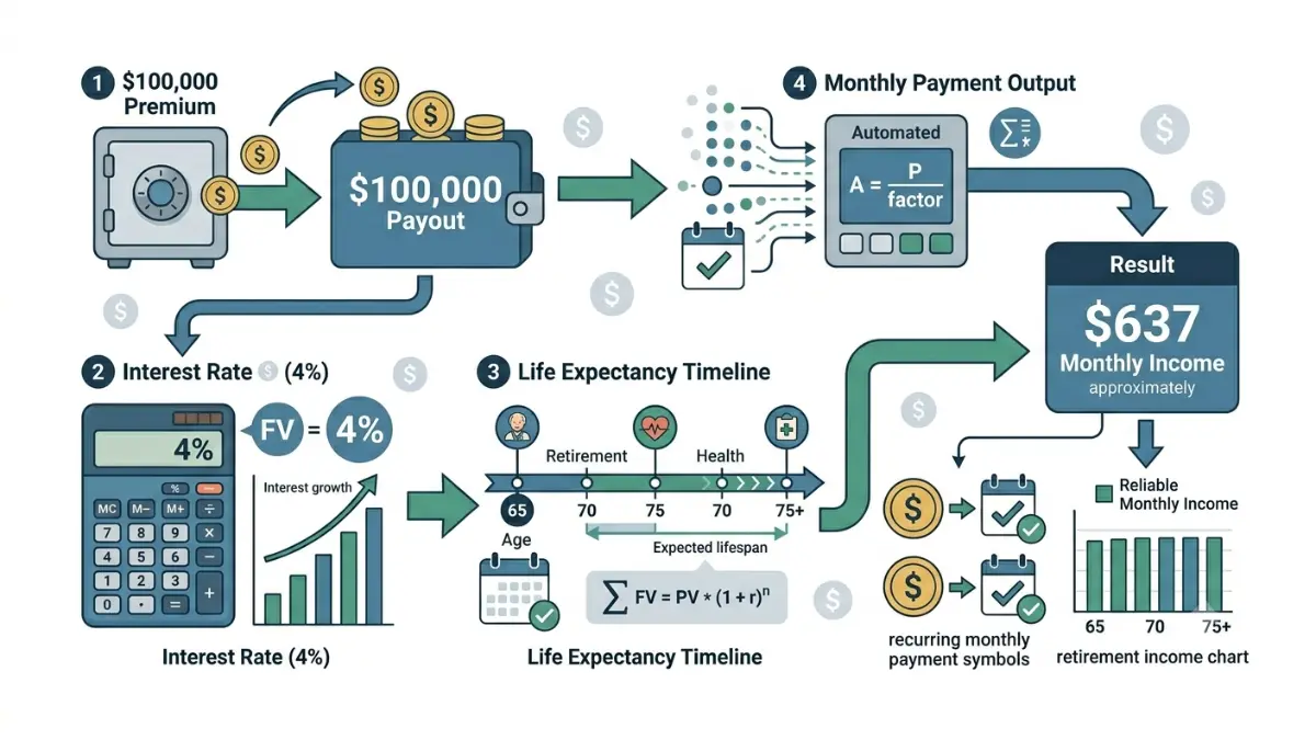 $100,000 Annuity monthly payment calculation using premium, interest rates, and life expectancy