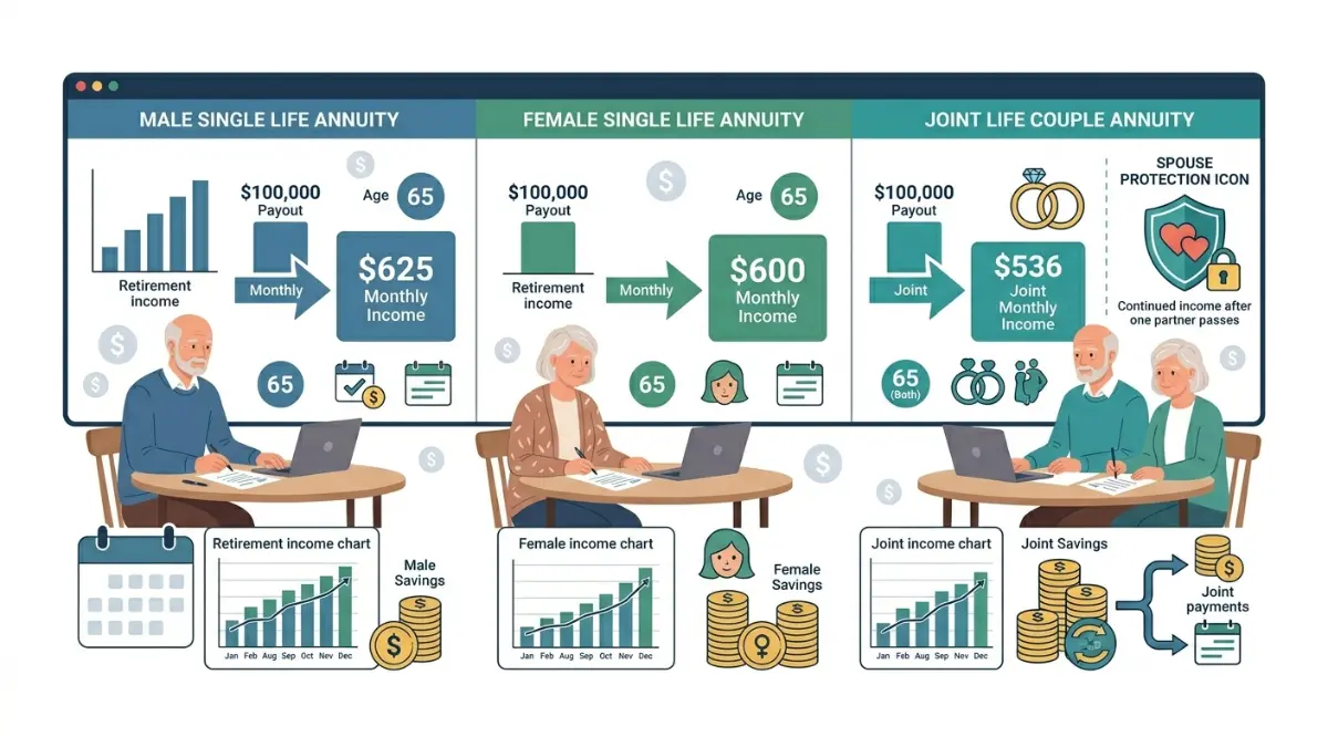 $100,000 Annuity payout comparison by age, gender, and joint-life income option
