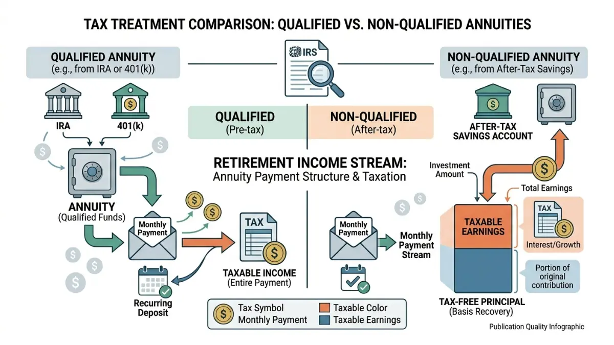 $100,000 Annuity tax treatment comparison between qualified and non-qualified annuity income