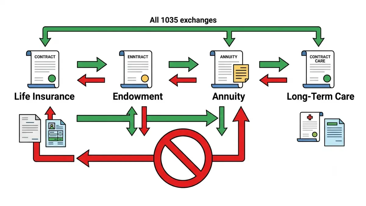 1035 Exchange eligibility chart showing allowed and prohibited transfers between life insurance, annuities, endowments, and long-term care contracts