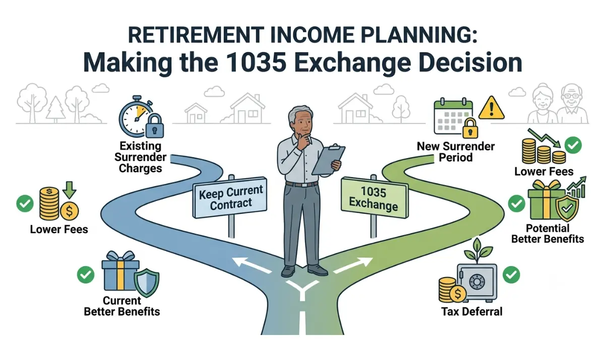 1035 Exchange decision-making illustration comparing surrender charges, fees, benefits, and tax advantages before exchanging annuities