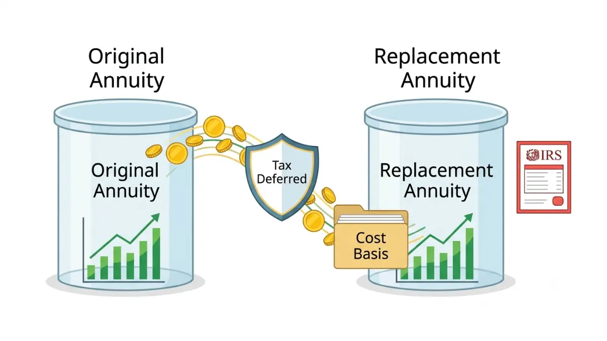 1035 Exchange vector illustration explaining how tax-deferred gains and cost basis transfer from one annuity to another