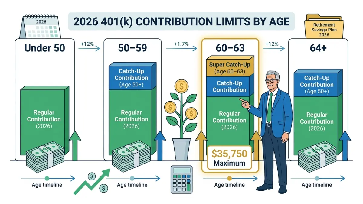 401(k) Catch-Up contribution comparison chart for 2026 showing employee contribution limits by age group in a vector infographic