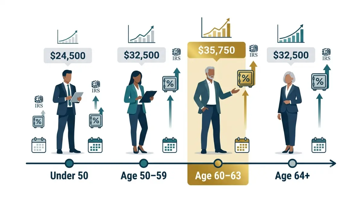 401(k) contribution Limits by age showing employee contribution limits, catch-up contributions, and retirement savings thresholds for every age group.